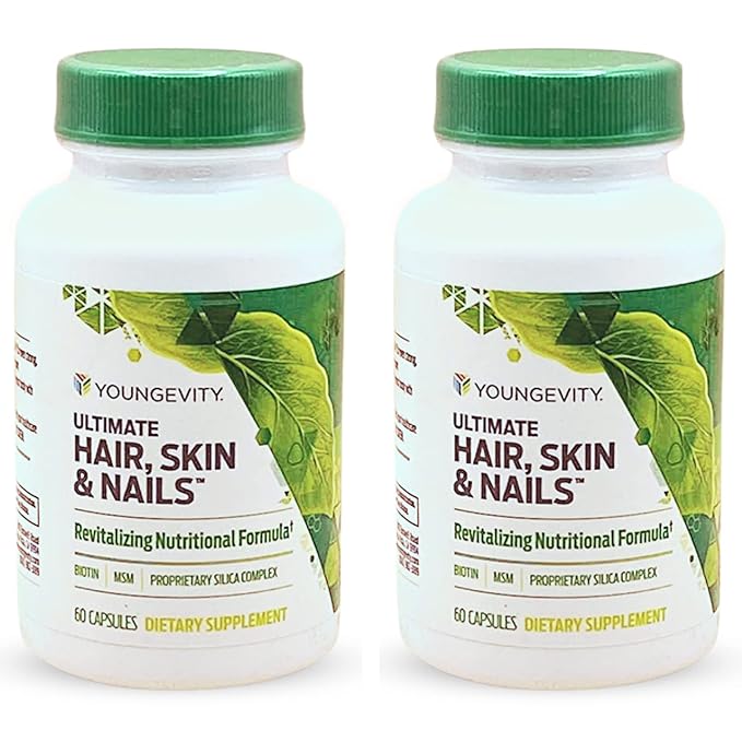 Youngevity Ultimate Hair Skin and Nails | 2000 mcg Biotin + Essential CoFactors | 9 Vitamins/Minerals Paba Silica MSM B-6 | (Pack of 2)