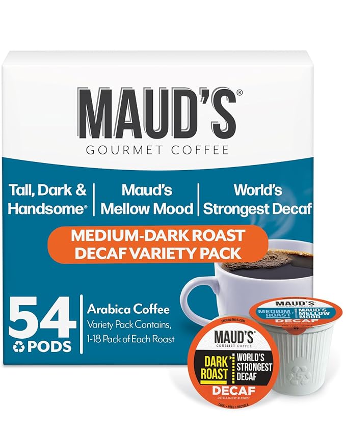 Maud's Decaf Dark Roast and Decaf Medium Roast Coffee Pods Bundle 54 ct Decaffeinated Coffee in Single Serve Pods – 100% Arabica Coffee Compatible with Keurig K Cups Maker