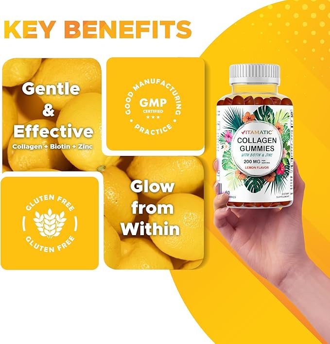 Vitamatic Hydrolyzed Collagen Gummies with Vitamin C Zinc and Biotin 200 mg - Healthy Skin Support - 240 Gummies