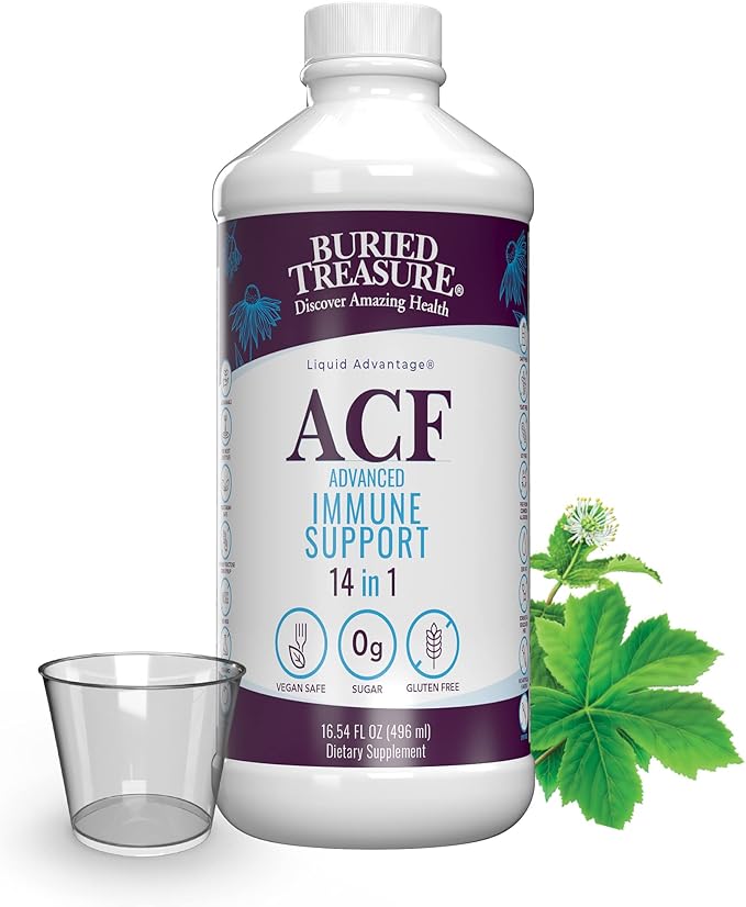 Buried Treasure ACF Immune Support - 16 oz 16 Servings Vitamin C Elderberry Zinc Liquid Immune Booster with Vitamins and Minerals w/ Dose Cup