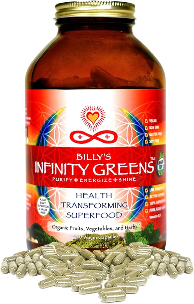Superfood Capsules Blue Green Algae Based Capsules with 28 Organic Superfoods No Fillers or Grasses Energy &amp Longevity Low Temp Dehydrated Greens (34 Servings)