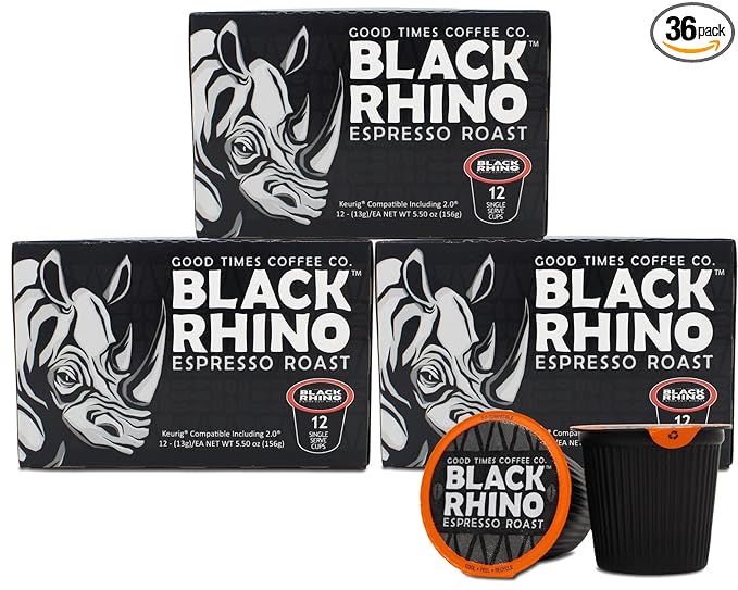 Good Times Coffee Company Black Rhino Espresso Roast Coffee Single Serve Pods Dark Roast Fine Grind 36 Count