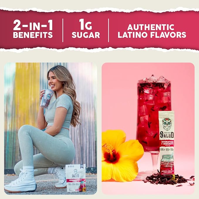Salud 2-in-1 Hydration Packets + Immunity Electrolytes Powder Hibiscus - Jamaica Agua Fresca Drink Mix Elderberry Dairy &amp Soy Free Non-GMO Gluten Free Vegan Low Calorie 1g Sugar (15 Servin