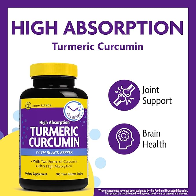 InnovixLabs Turmeric Curcumin with Black Pepper Extract - High Absorption Turmeric and Curcumin Supplements with BioPerine C3 Reduct &amp Curcumin C3 Complex - 100 Time Release Tablets
