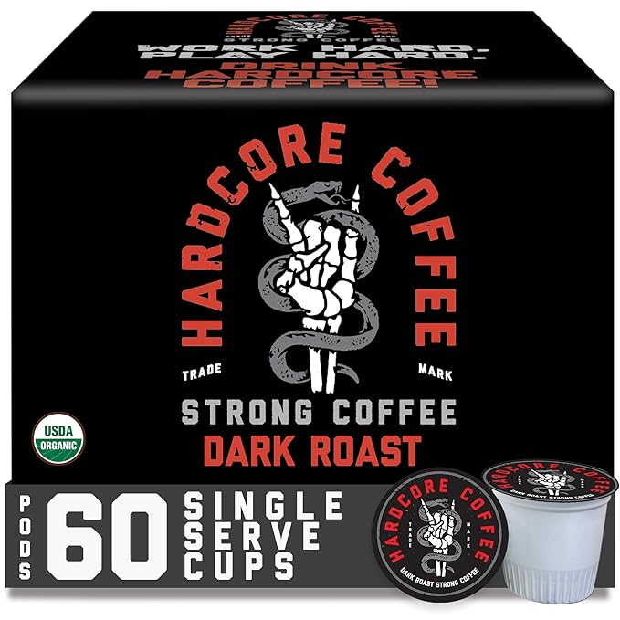 Hardcore Coffee Single Serve Coffee Pods for Keurig K Cup Brewers High Caffeine Strong Roast 60 Count