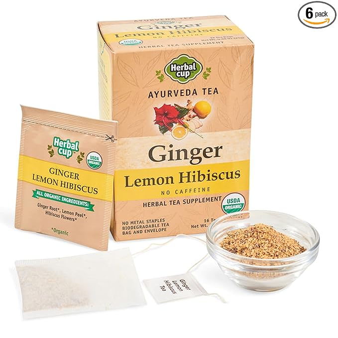 Herbal Cup Ayurveda Ginger Tea No Caffeine Organic Herbal Teas (Organic Lemon Hibiscus 16 Count (Pack of 6))