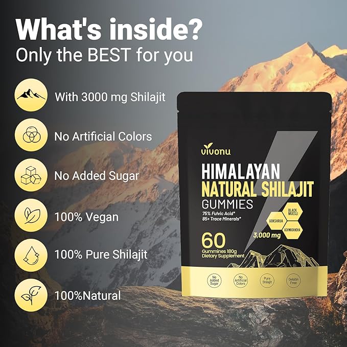 VivoNu Pure Himalayan Shilajit Gummies micronutrient Supplement Himalayan Premium Ingredient with Shilajit - Ashwagandha Gokshura Fulvic Acid &amp 85+ Trace Minerals I for Men Women I Non-GMO