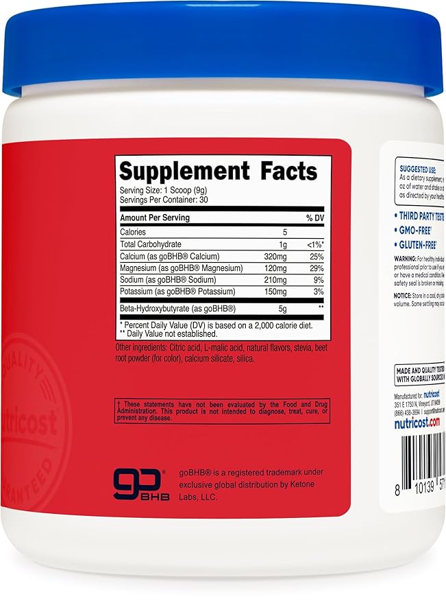 Nutricost BHB Salts Drink Mix (30 Servings Fruit Punch Flavored) (5G BHB Per Serving) - 0G Total Sugars Vegetarian Product