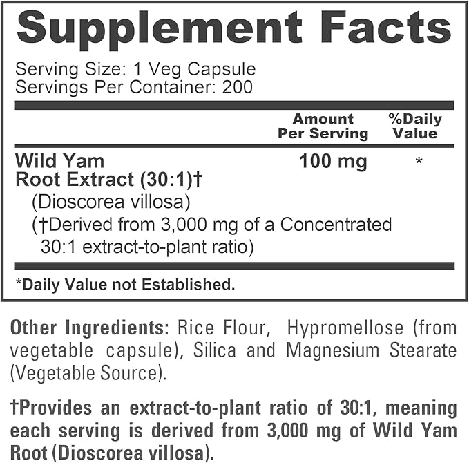 NusaPure Wild Yam Root 30:1 Extract 100 mg Equivalent to 3000 mg 200 Vegan Capsules - Women’s Health &amp Hormonal Balance - Non-GMO Vegan