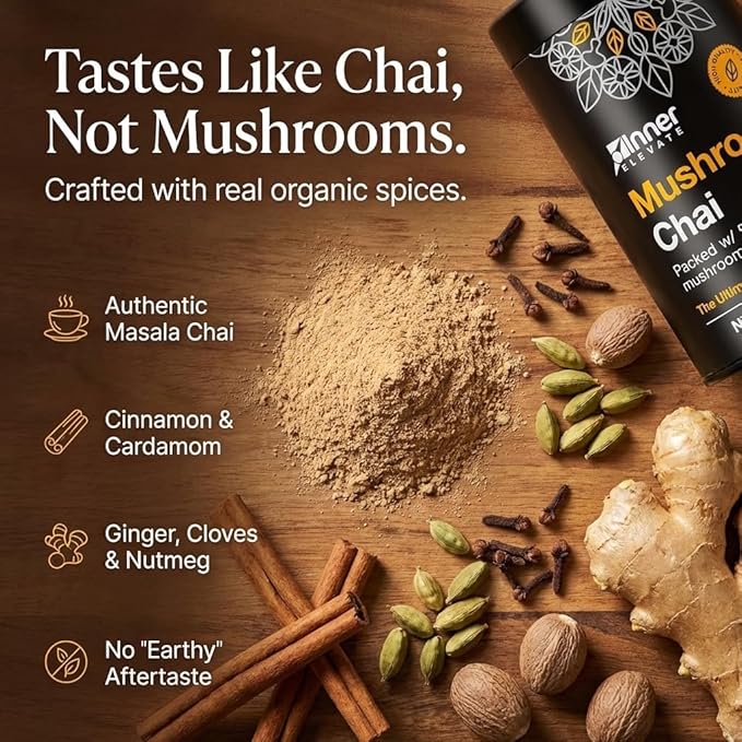 Inner Elevate Superfood Mushroom Chai - Ultimate Coffee Alternative - Adaptogenic Mushroom Tea Drink with Lion's Mane Cordyceps Chaga Reishi Turkey Tail (35 Servings)