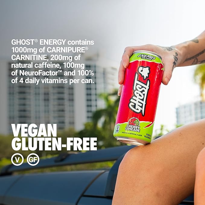 GHOST Energy Drink - 12-Pack Cherry Limeade 16oz - Energy &amp Focus &amp No Artificial Colors - 200mg of Natural Caffeine L-Carnitine &amp Taurine - Gluten-Free &amp Vegan