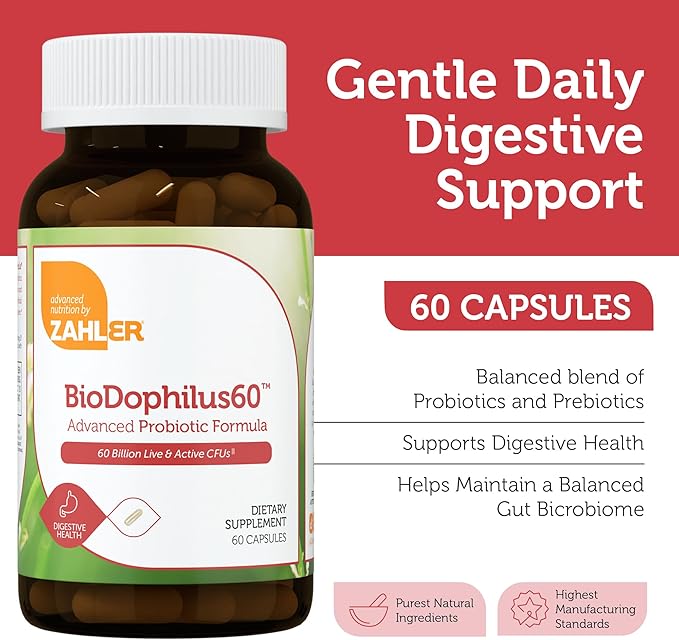 Zahler BioDophilus60 60 Billion CFU Probiotic + Prebiotic - 11 Strains Daily Probiotic Supplement - Kosher Probiotics for Women for Digestive Health Probiotics for Men for Gut Health (60 Capsules)