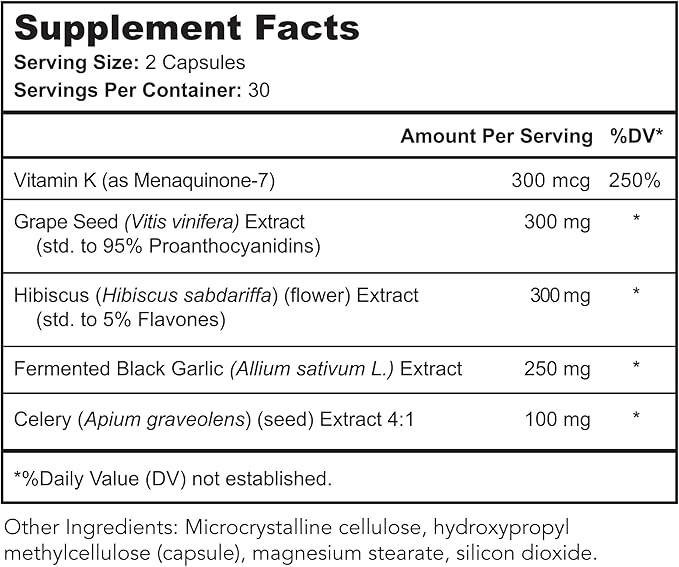 Vaso Calm - Healthy Blood Balance Supplement - Features Fermented Garlic Celery and Grape Seed Extract Hibiscus and Vitamin K2 - Made in the USA 60 Capsules