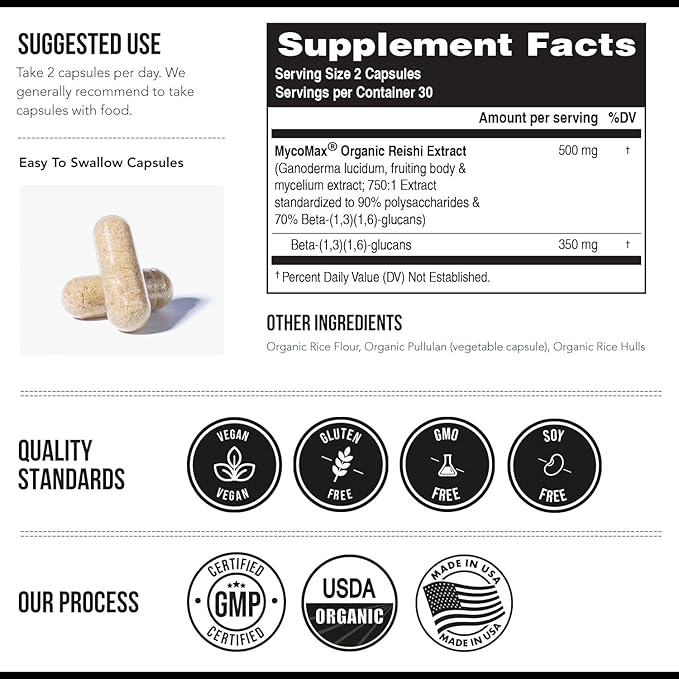 Organic Reishi Mushroom Capsules Extract - 70% Beta Glucans - Highest Active Nutrient Levels Max Potency US Grown + Ultrasonic Extraction - Energy Immunity Sleep and Stress - 60 Capsules