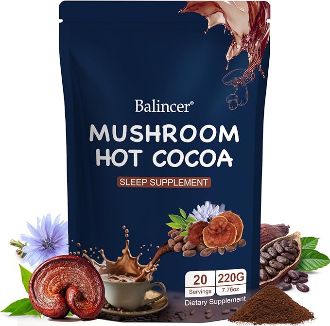 Mushroom Hot Cocoa Powder Sleep Supplement with Reishi Mushroom Melatonin Glycine Cacao L-Theanine Chicory Supports Relaxation &amp Fall Asleep Vegan 20 Servings