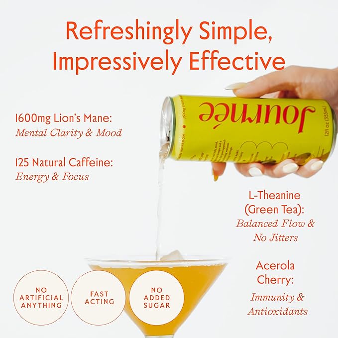 Journée Wellness Energy Drink Natural Caffeine Lion’s Mane L-Theanine 125 mg Caffeine Real Fruit All Natural 0 Added Sugar Cognition Immunity - Soleil Citrus - Tropical Citrus – 12 Pack
