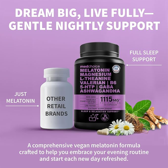 12-in-1 Melatonin Sleep Capsules - Natural Sleep Aids for Adults with Melatonin 5mg and Magnesium Glycinate 500mg Sleep Aid with Ashwagandha L Theanine Valerian Root GABA 5-HTP (90ct Pack of 1)