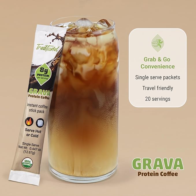 Grava Organic Plant Protein Coffee Sticks Traditional Unsweetened - 8g Plant Protein 80mg Caffeine - USDA Organic Non-GMO &amp Fair Trade - Gluten Free &amp Vegan - Single Serve Packet 20 Serving