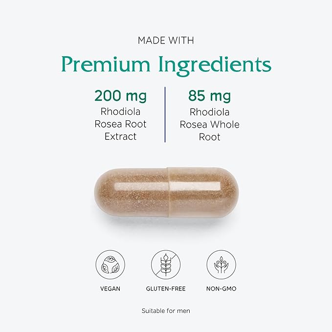 Vitanica Rhodiola Rosea Root Extract 200mg Dr. Formulated 3% Rosavins &amp 1% Salidroside Rhodiola Root 85mg Vegan 60 Capsules