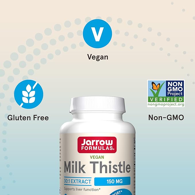 Jarrow Formulas Milk Thistle 150 mg With 30:1 Standardized Silymarin Extract Dietary Supplement for Liver Function Support 200 Veggie Capsules 66-200 Day Supply 12 Packs