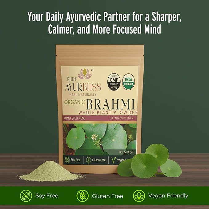 100% Organic Brahmi Powder Ayurvedic Bacopa Monnieri for Memory Focus and Nervous System Care Nootropic Brain Support Blend for Cognitive Wellness Gut Balance - 16oz
