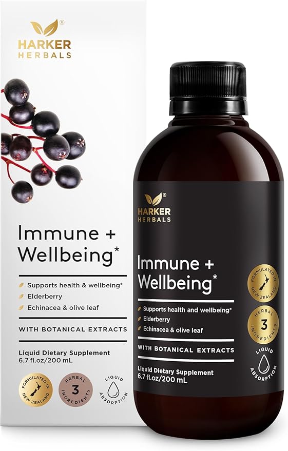Immune + Wellbeing Syrup Herbal Formula with Elderberry Echinacea &amp Olive Leaf High Absorption Wild Berry Flavor Plant-Based - 6.7 Fl oz (40 Servings)