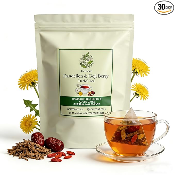 Harbique Dandelion Root Tea with Goji Berry &amp Jujube Dates Liver Cleanse &amp Detox Support Caffeine Free Herbal Tea for Immune Support &amp Gentle Energy 30 Pyramid Tea Bags