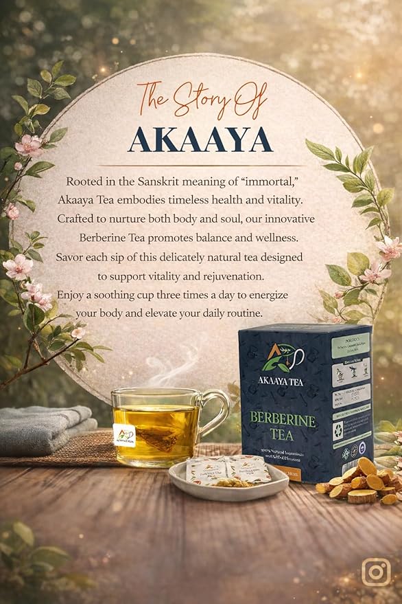 Akaaya Berberine Tea – Herbal Detox Tea with Berberine Licorice Stevia Cinnamon &amp Black Pepper – Caffeine-Free – 21 Sachets – Non-GMO ISO 9001:2015 Certified