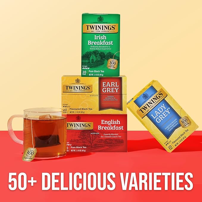 Twinings Variety Pack Black Tea Bags 20 Count (Pack of 4) Includes English Breakfast Earl Grey Irish Breakfast and Lady Grey Caffeinated Enjoy Hot or Iced 80 Teabags