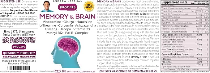 ANDREW LESSMAN Memory &amp Brain 180 Capsules – Naturally Supports Brain Memory and Mental Acuity. with Ginkgo Biloba Ashwagandha Bacopa Curcumin Ginseng B-Complex Vitamin D3