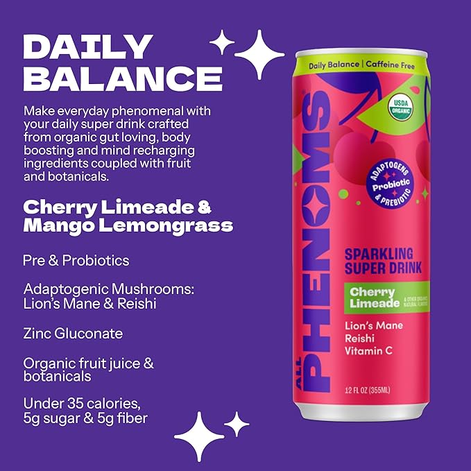 All Phenoms Daily Balance Sparkling Organic Prebiotic &amp Probiotic Drink - Adaptogen Mushroom Blend (500mg of Lions Mane &amp Reishi) Vit C Zinc (Non-Caffeinated No Stevia) - Cherry Limeade 12