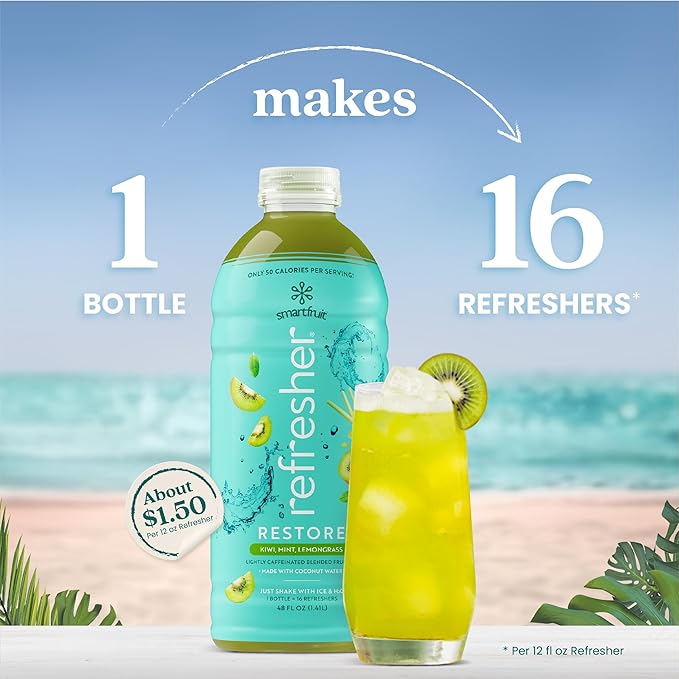 Smartfruit Restore Refresher – Kiwi Lemongrass Mint – Made with Real Fruit Juice No Added Sugar Coconut Water for Hydration Green Coffee Bean Extract for Natural Energy – 48oz Drink Mix