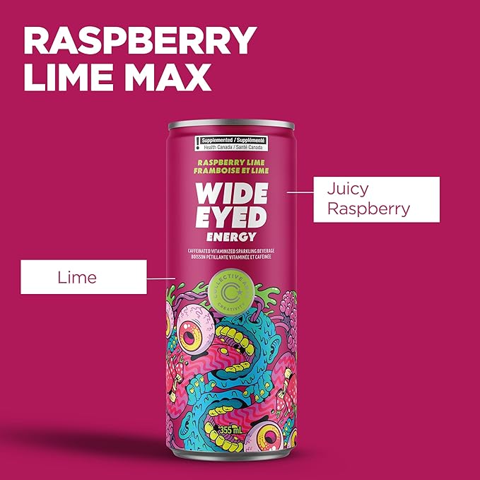 Collective Arts Wide Eyed Energy Drinks | Naturally-Flavored Caffeinated Vitaminized Sparkling Beverage With Fruit Extracts | Raspberry Lime MAX | Pack of 12 | 12 fl oz.(355ml)