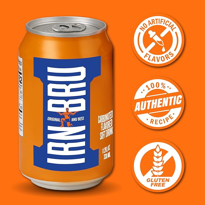 IRN-BRU Original Scottish Sparkling Soda Citrus Flavored Carbonated Drink - Sparkling Flavored Soft Drink 32 Flavor Recipe 11.1 fl oz Cans Pack of 8