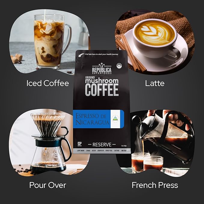 La Republica Espresso De Nicaragua Reserve Ground Coffee for Espresso Maker 60 Servings (Lion's Mane Reishi Chaga Dark Roast)