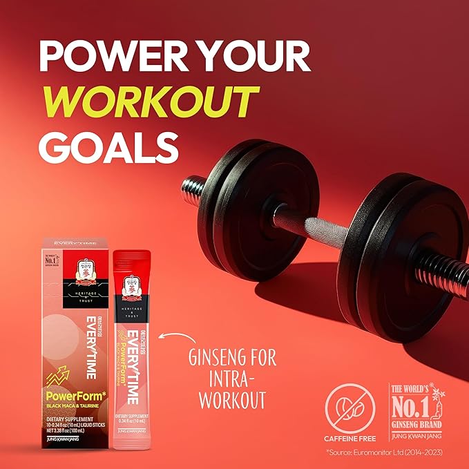 JUNG KWAN JANG US Everytime PowerForm - Intra Workout Herbal Energy Drink Packets with Korean Red Ginseng Black Maca Root &amp Taurine - Non GMO (0.33 fl oz 10 Sticks)