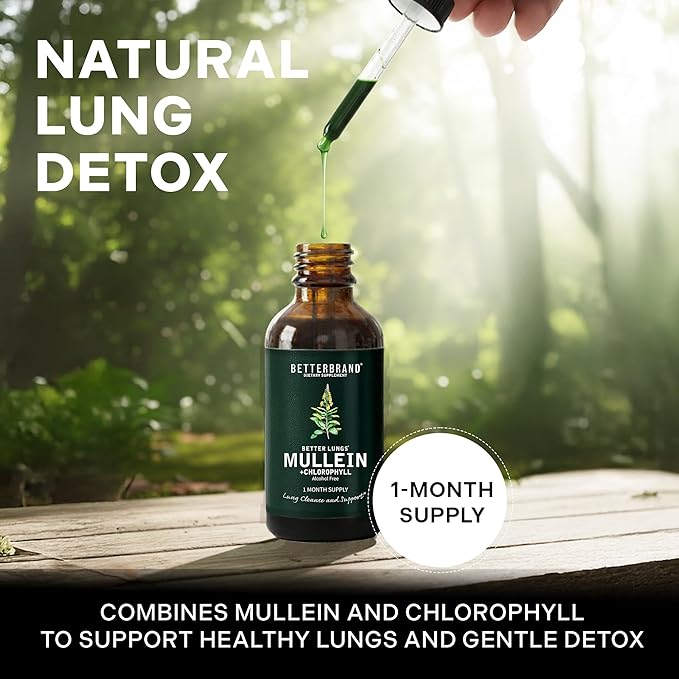 Betterbrand Mullein Drops for Lung Detox - Mullein Leaf Tincture with Chlorophyll - Helps Support Respiratory Health Alcohol-Free 1 Month Supply - 60ml