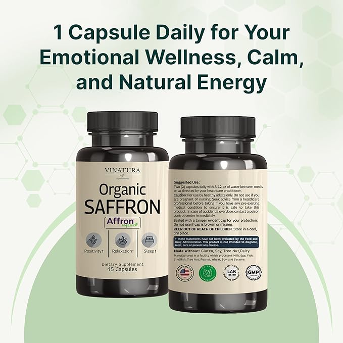 VINATURA Organic Saffron Supplement 28mg - Pure Affron Saffron Extract Capsules 45 Veggie Capsules
