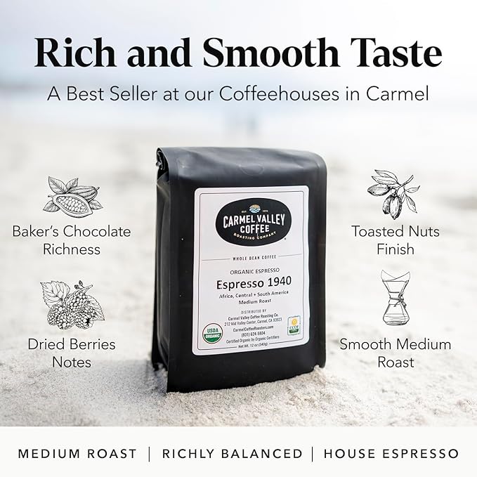 Carmel Valley Coffee Roasting Espresso 1940 – Organic Medium Roast Africa Central &amp South America - Notes of Dried Berries Toasted Nuts &amp Baker’s Chocolate Whole Bean Coffee 12 Oz Bag