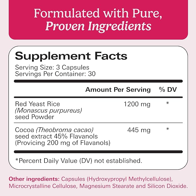 Santo Remedio Cholesterol Plus with Red Yeast Rice &amp Cocoa Cardiovascular Support Supplement for Heart Health Gluten-Free Non-GMO Capsules 30 Servings | Gift for Wellness Care