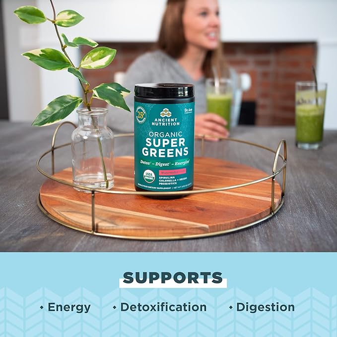 Ancient Nutrition SuperGreens Powder with Probiotics Organic Watermelon Flavor Greens Made from Real Fruits Vegetables and Herbs for Digestive and Energy Support 25 Servings 8.82oz