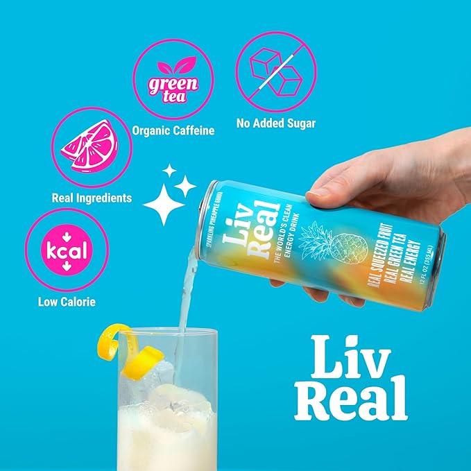 LivReal Clean Energy Drink – Organic Green Tea Caffeine 125mg + L-Theanine 100mg – Real Fruit No Sweeteners or Flavorings – Vitamin C &amp B Complex – Sparkling Pineapple Guava Water – 12 Pack 12 f