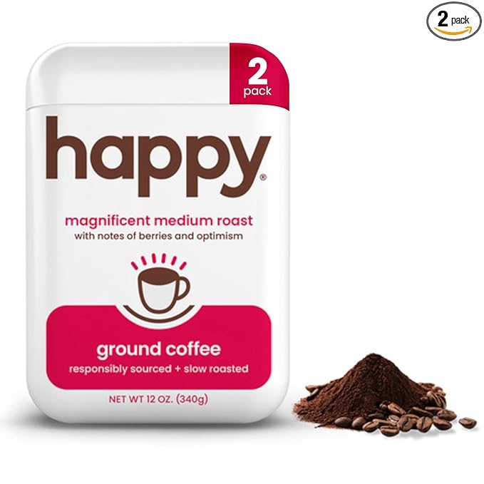 happy coffee medium roast ground coffee 12 oz 2 pack. notes of berries &amp optimism recyclable container grown &amp harvested in Brazil &amp Colombia raíz sustainability verified