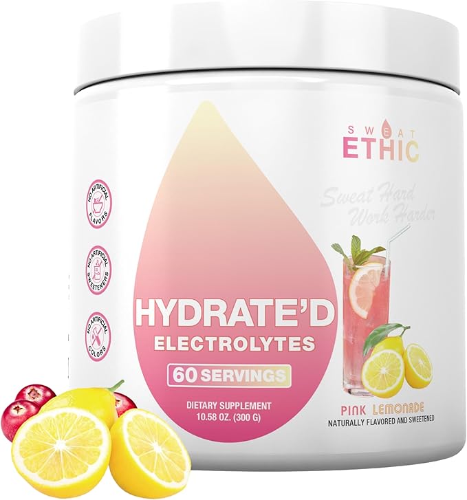 Sweat Ethic Hydrate’D Electrolytes Electrolyte Powder with Potassium Magnesium &amp Vitamin C Easy Mix Powder for Hydration &amp Performance Support Pink Lemonade Flavor 60 Servings