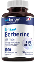 AgeImmune Berberine 1000mg Supplement Complex with Inulin Prebiotic - Berberine HCL 500mg per Capsule - Doctor Formulated and Third Party Tested Berberine Supplement