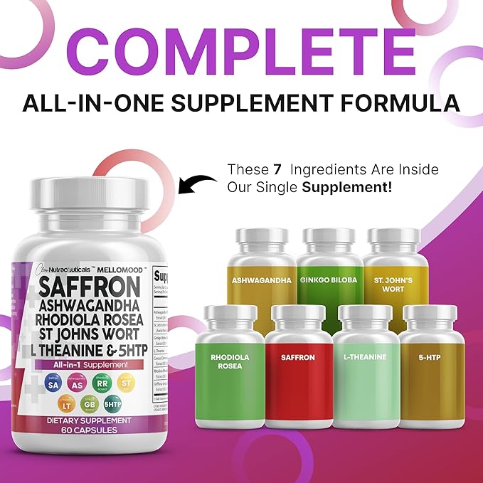 Clean Nutraceuticals Saffron Supplements Extract 100mg + Ashwagandha L-Theanine 200mg - Mood Support Ginkgo Biloba St. John's Wort Rhodiola Rosea &amp 5-HTP Capsules Pills Men Women (Pack of 2)