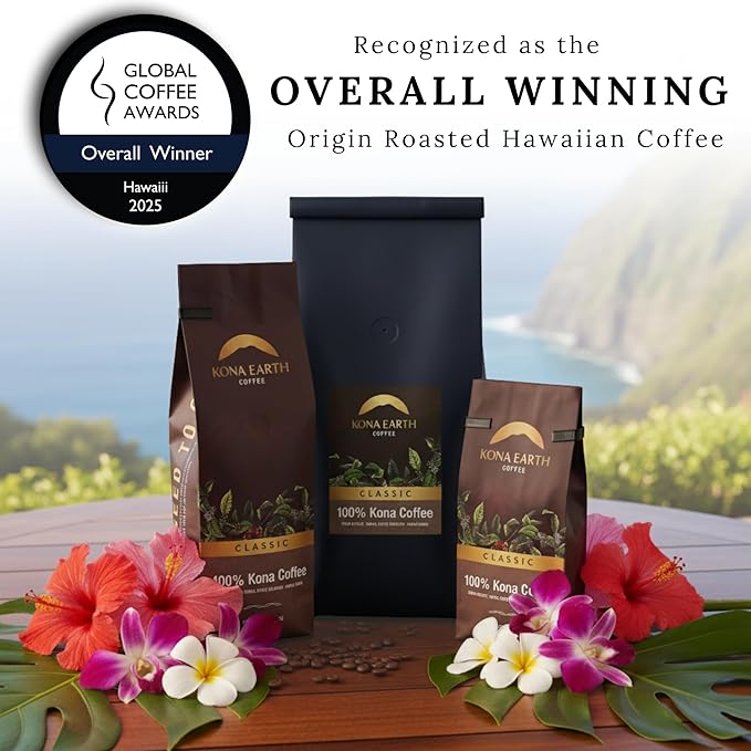 KONA EARTH 100% Kona Classic Coffee Dark Roast Whole Bean (8oz) Farm-Direct Authentic Hawaiian Kona Coffee beans from Hawaii’s Big Island Micro-Batch-Roasted