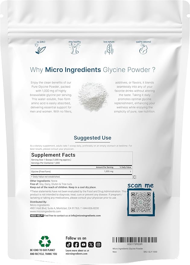 Micro Ingredients Glycine Powder 1KG (2.2 Pounds) Glycine 1000mg Per Serving Water Soluble and Products of USA