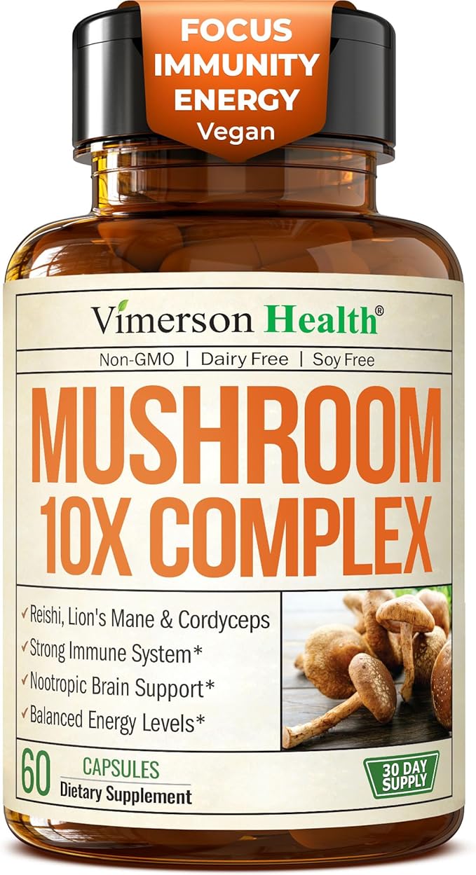 Mushroom 10x Complex with Lions Mane Extract Turkey Tail Cordyceps Reishi Shiitake Chaga &amp Maitake for Cognitive Support – Vegan Mushroom Supplement Blend for Natural Energy &amp Focus – 60