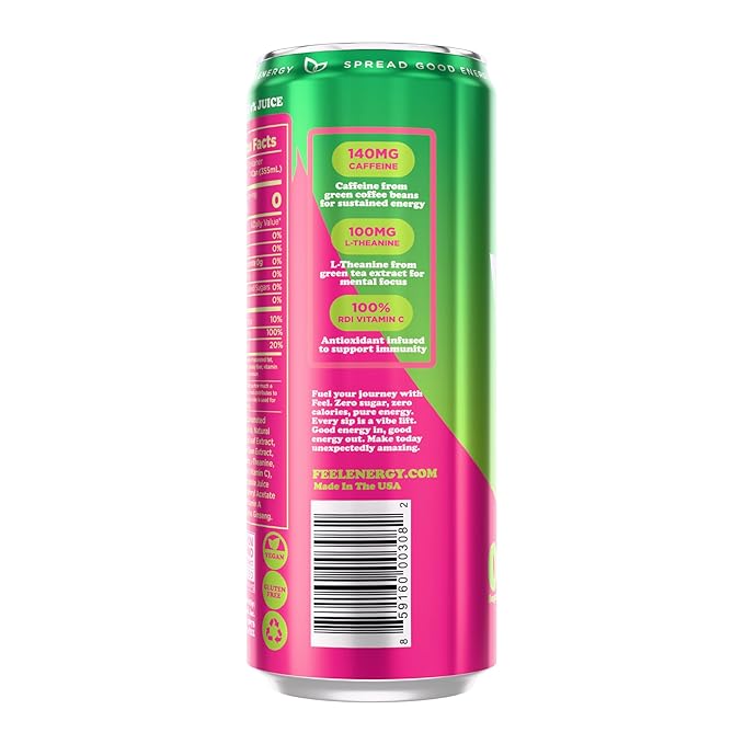 FEEL Zero Sugar Natural Energy Drink – Dragonfruit Lime 140 mg Plant-Based Caffeine with L-Theanine for Focus &amp Vitamin C for Immunity Vegan Non-GMO No Artificial Sweeteners 12 Fl Oz Cans (12